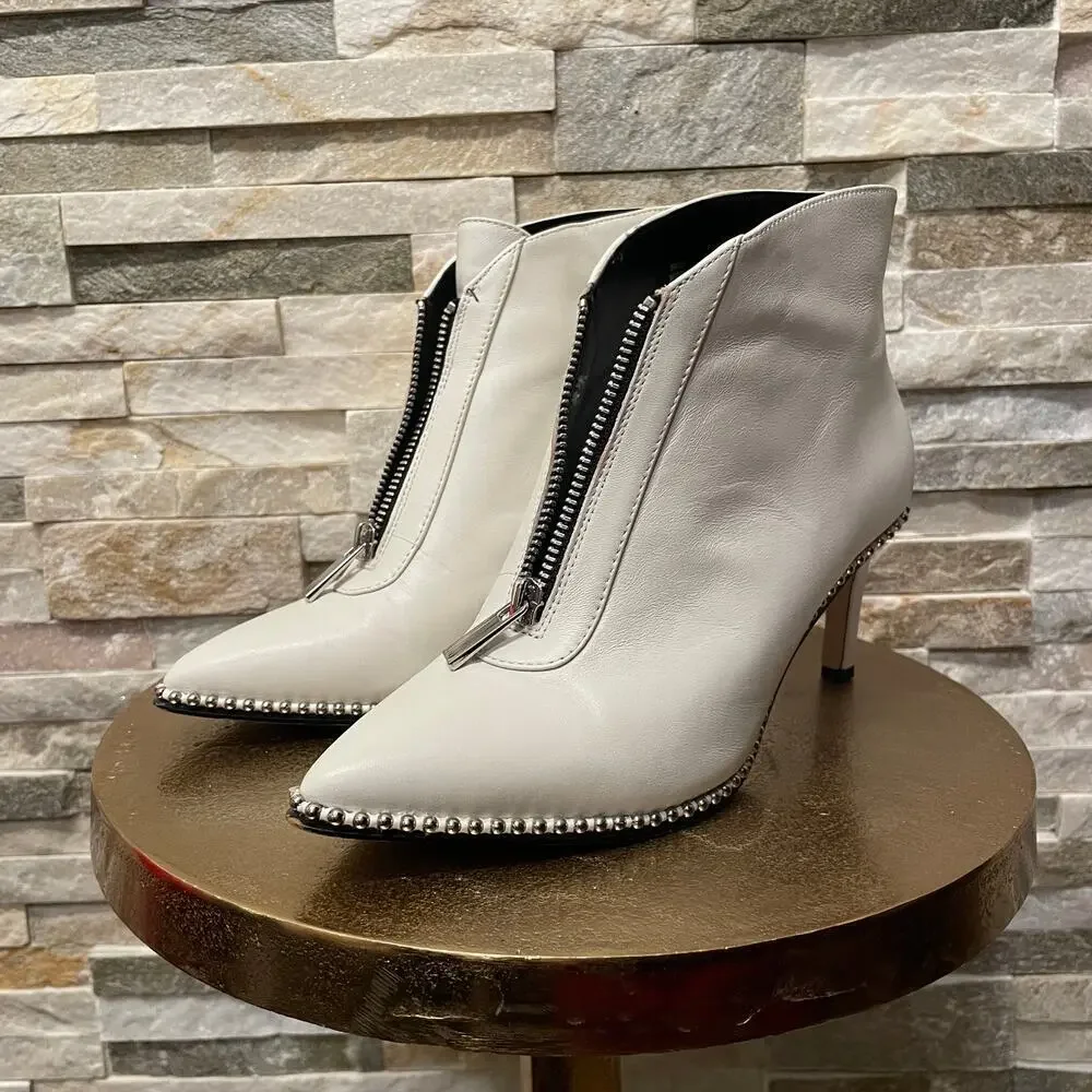 BCBGeneration Ivory White Leather Studded Zip Heeled Booties | Y2K Style, 5M